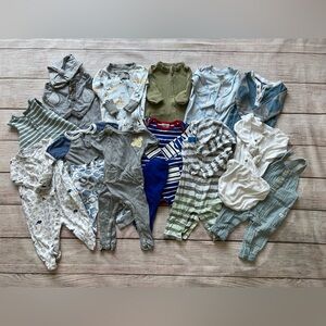 Organic baby boy clothing size 0-3 mos. Lot includes 33 outfits